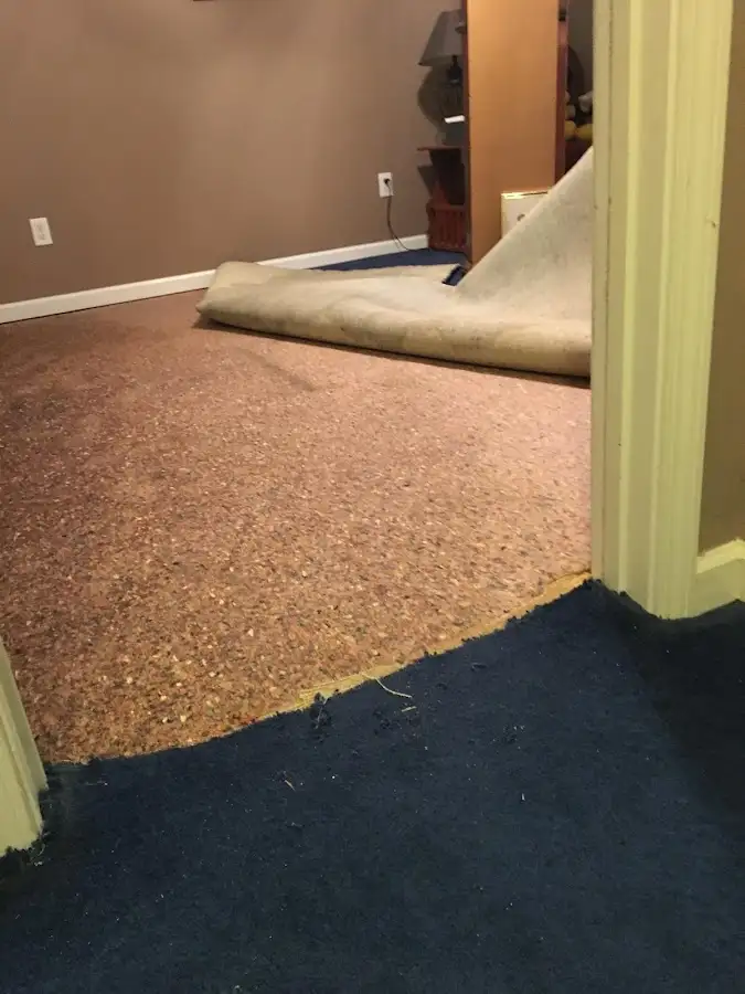 Carpet pad removal revealing water damage during Drying & Dehumidification in Bayou Cane